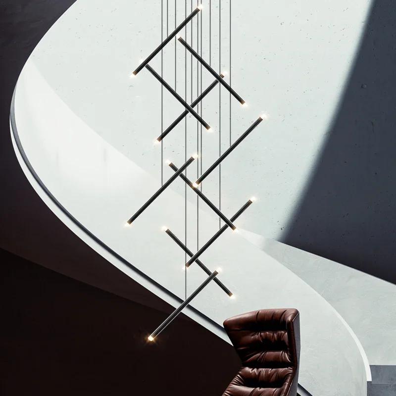 Pendant Lamp Duplex Building Villa Attic Lustres Hanging Light Modern Black Staircase Chandeliers Stair Living Room LED Ceiling