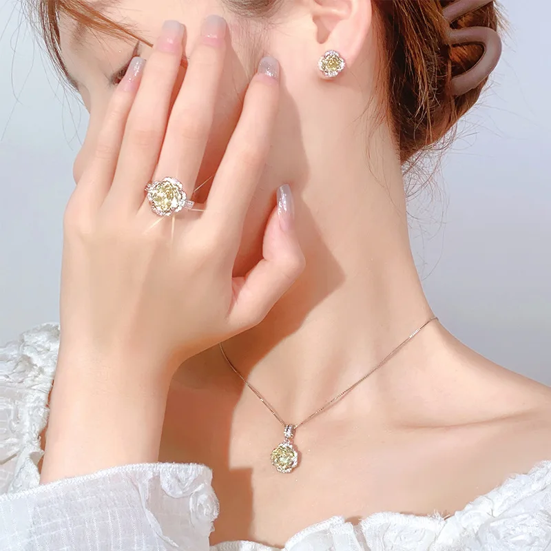 Luxury Yellow Citrine Octagonal Flower Jewelry Adjustable Ring Pendant Necklace Earrings Crystal Wedding Bridal Gift for Women
