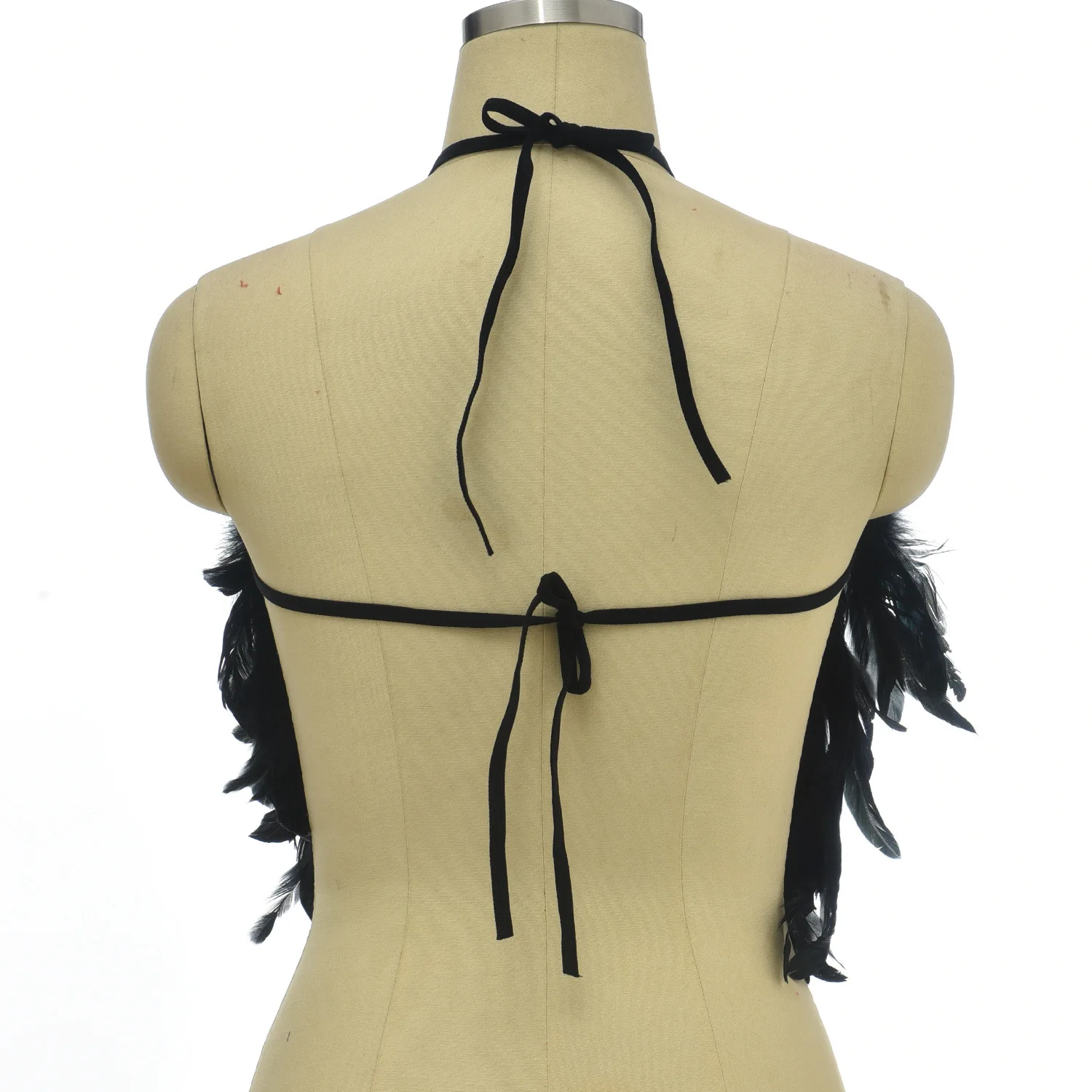 Top corto de empalme de plumas negras para mujer, camiseta sin mangas con cuello Halter, ropa de tubo, traje de Rave para festivales, disfraz de