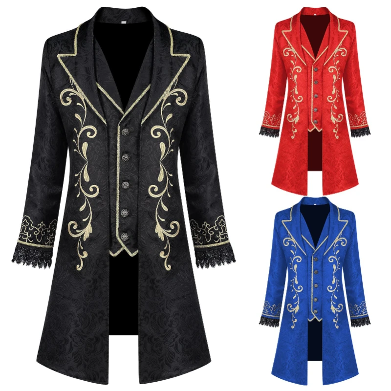

2026 Red Medieval Court Jacquard Jacket for Men,Blue Embroidered Prince Jacket Coat, Halloween Cosplay Performance Costume Men