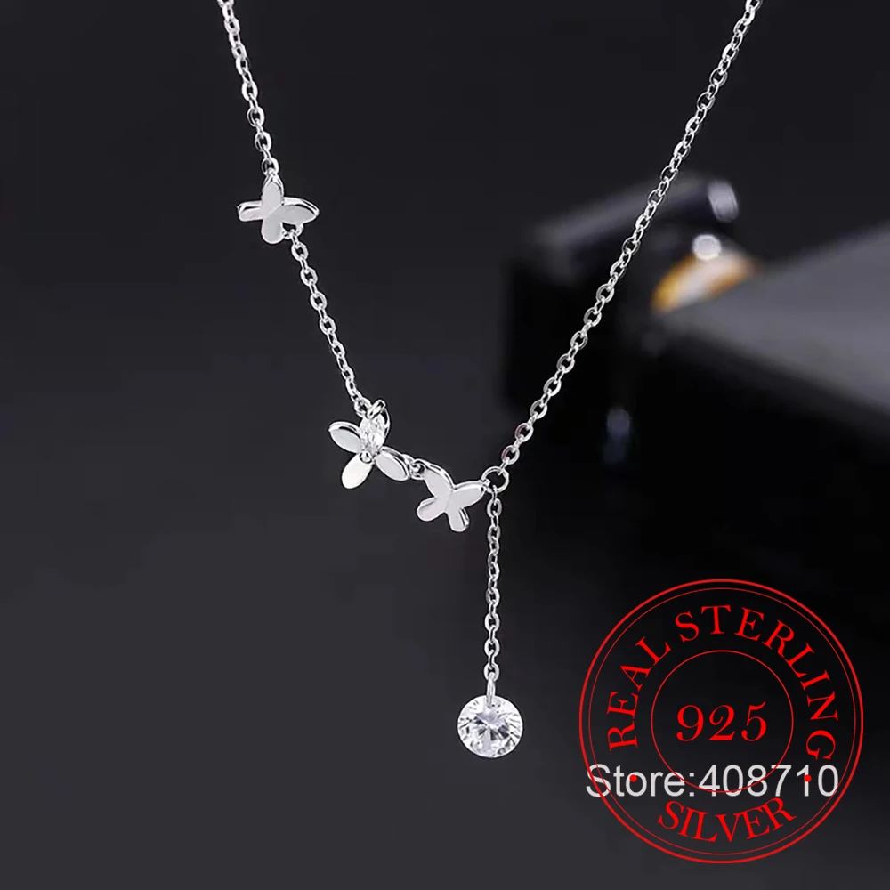 925 Sterling Silver Butterfly Crystal Tassels Clavicle Chain Necklace Pendant For Women Wedding Party Jewelry Gift Collar