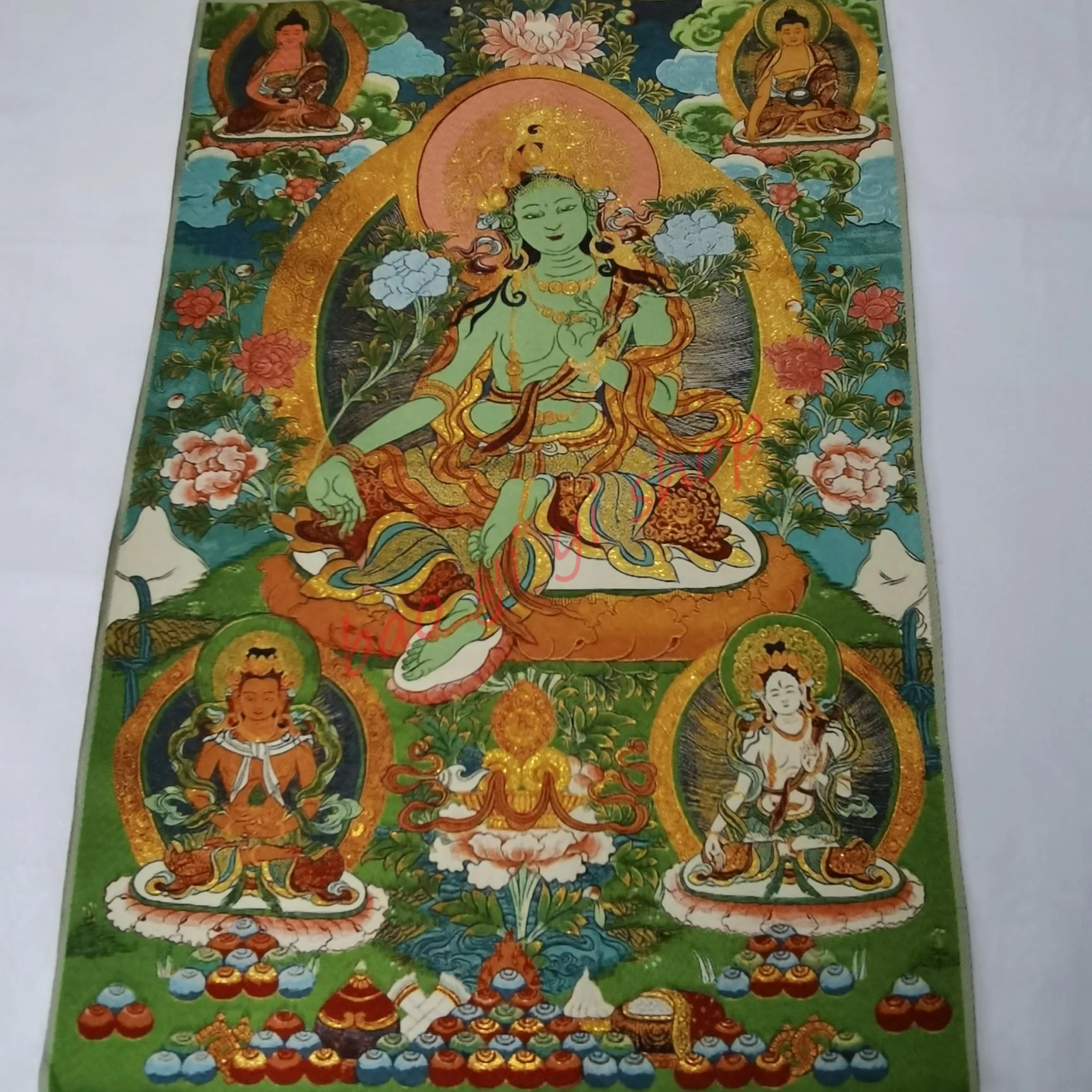 Ritratti decorativi religiosi Thangka, Tara verde, Casa di città guardano gli spiriti maligni