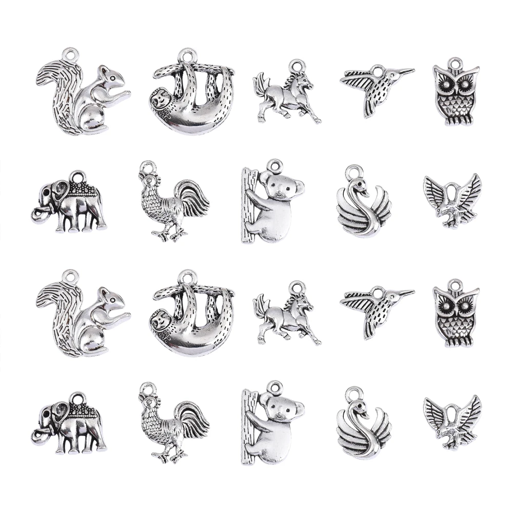 100pcs 10Style Tibetan Animal Charms Alloy Sloth Horse Bird Elepant Koala Peacock Charms Wild Animal Charms for Jewelry Making