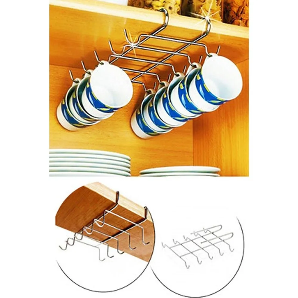 Mug Hooks Nail Free Hanger Kitchen Rack Glass Coffee Cups Holder Cupboard Bar Under Cabinet Stainless Steel Shelf