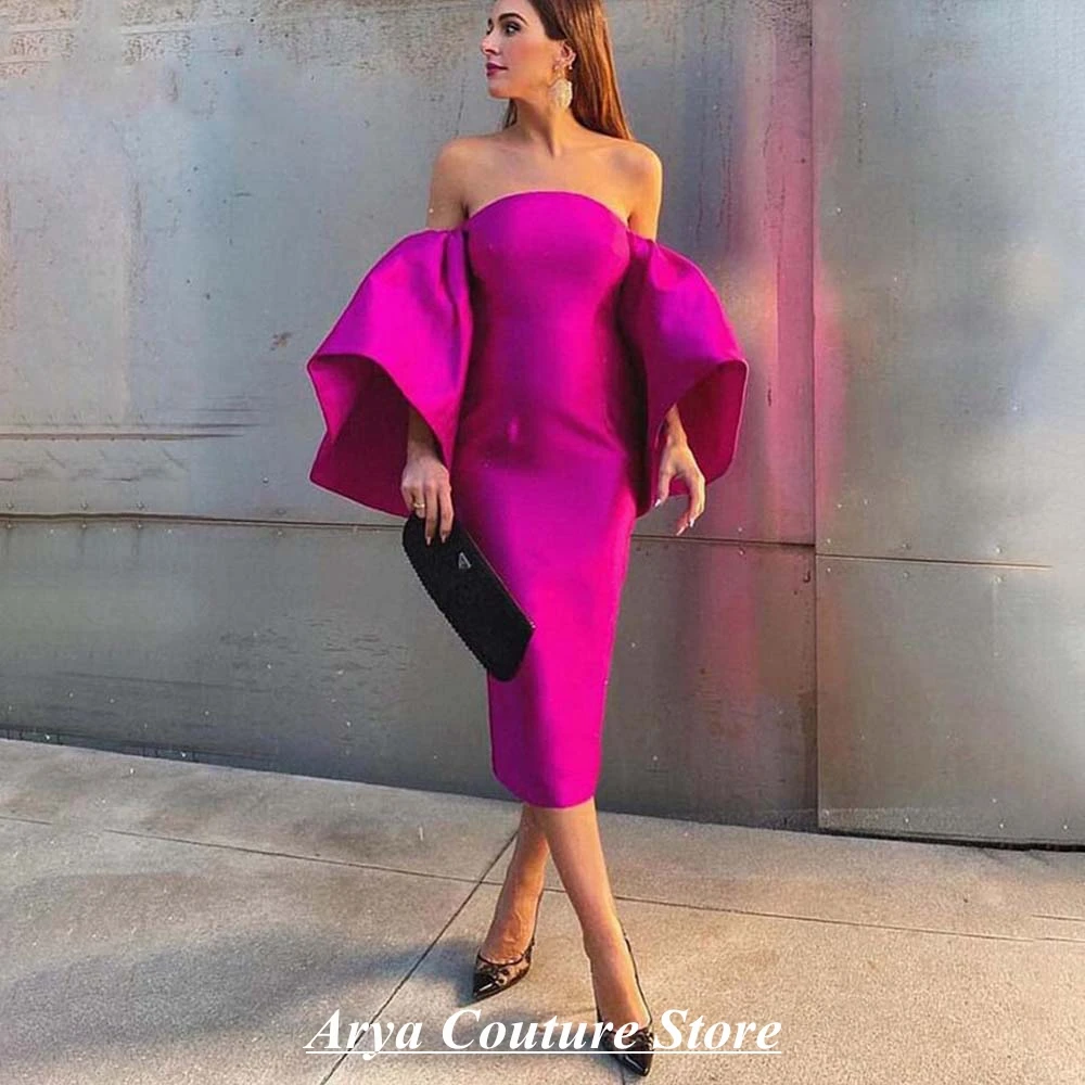 2024 New Fashion Fuchsia Cocktail Dress Off The Shoulder Puffy Sleeve Mermaid Tea Length Party Dress Prom Gown Robe De Soirée