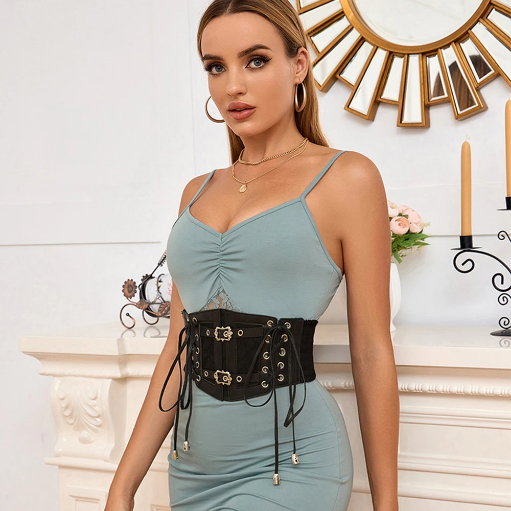 Lace Elastic Faux Leather Waistband Retro Pin Buckle  Girdle Tie Rope Wide Belts For Women On Shirt Dress Girdle Corset