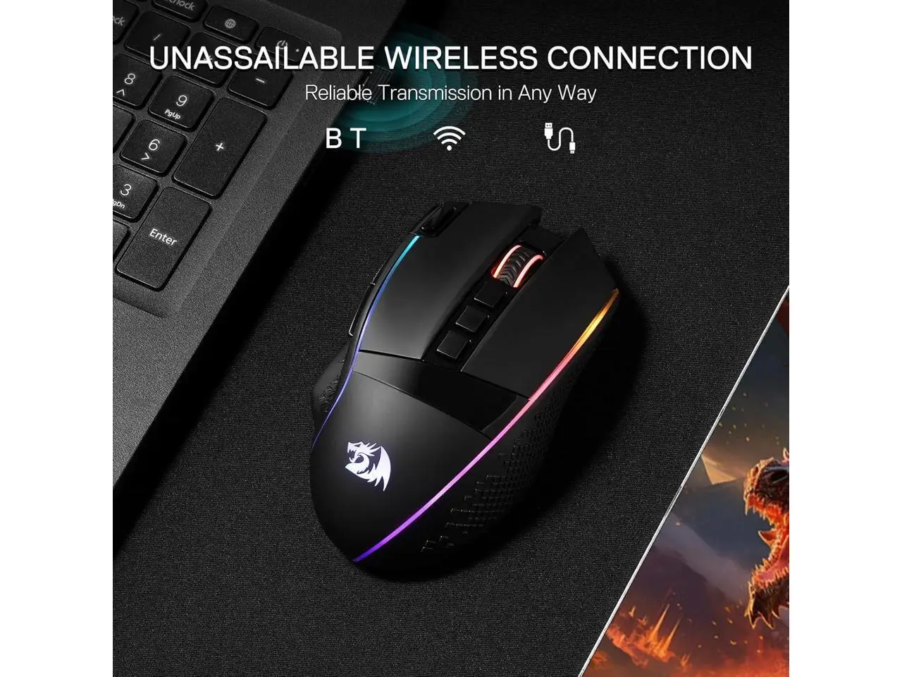 Redragon M991 Wireless Gaming Mouse, 26000 DPI 3-Mode Gamer Mice w/Rapid Fire Key, 9 Macro Buttons, Powerful Capacity and RGB Backlight for PC/Mac/Laptop view 2