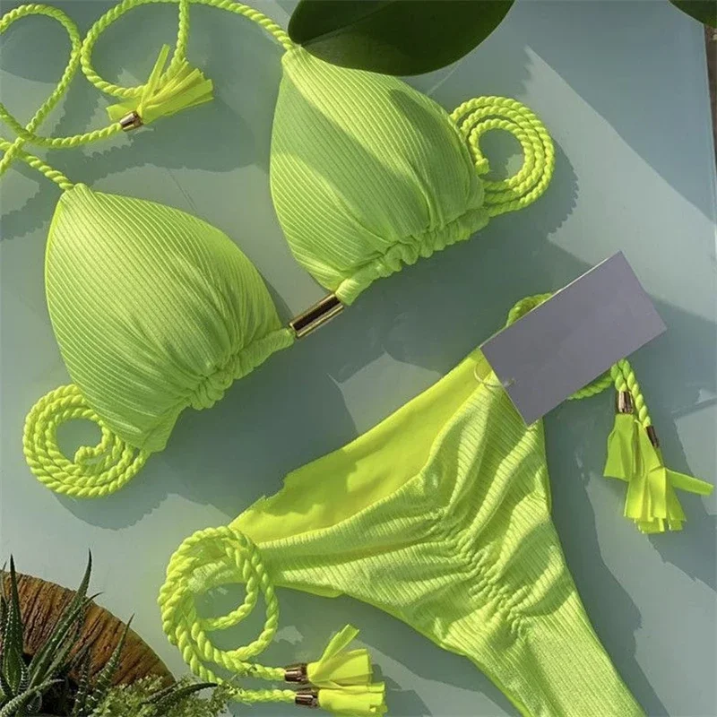 2024 nowy jednolity kolor pleciony strój kąpielowy wielokolorowy Bikini dwuczęściowy garnitur specjalna tkanina brazylijskie damskie stroje