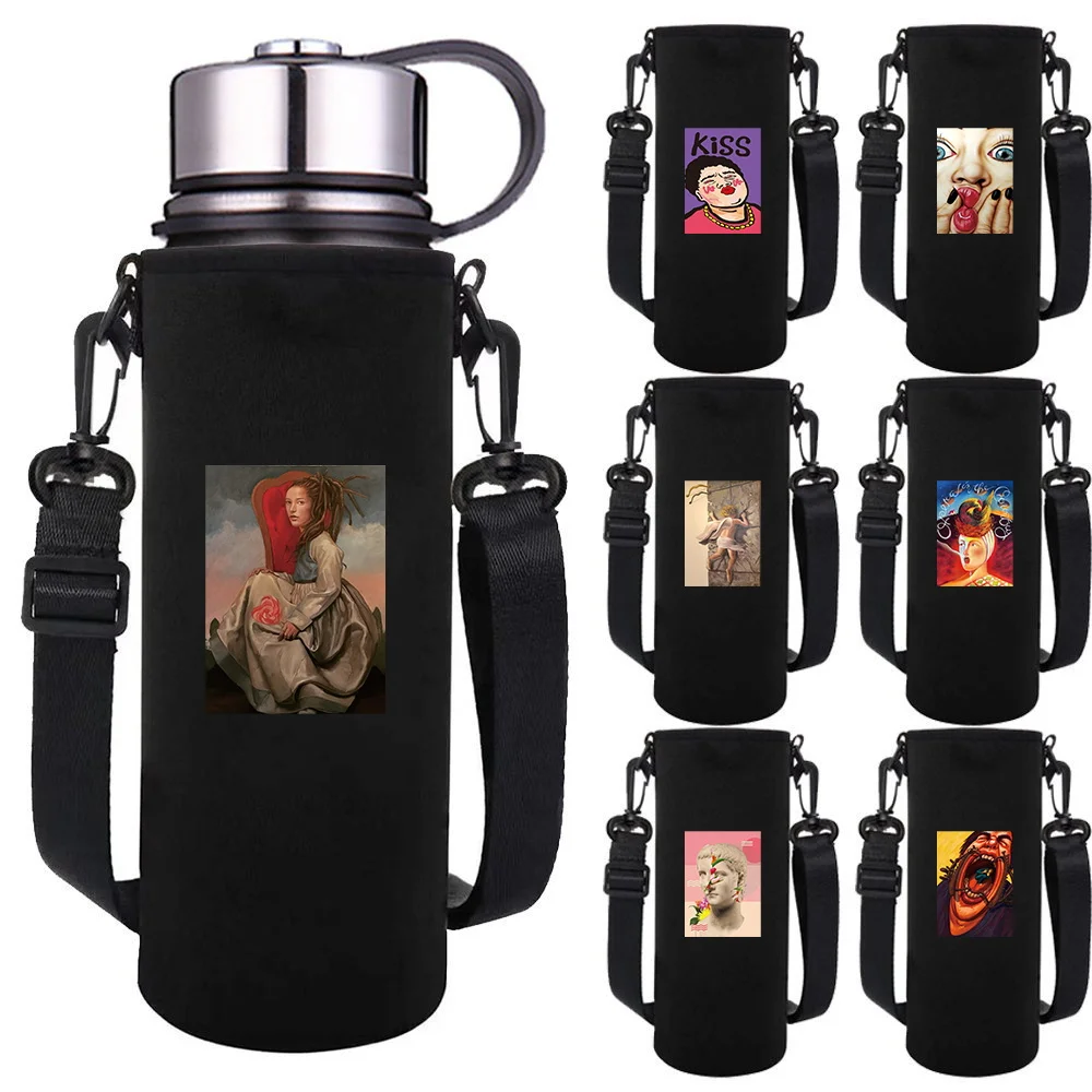 

550-1500ML Insulated Water Bottle Sleeve Bag Cover Adjustable Strap Funny Pattern Water Cup Case Outdoor Travel Accessories