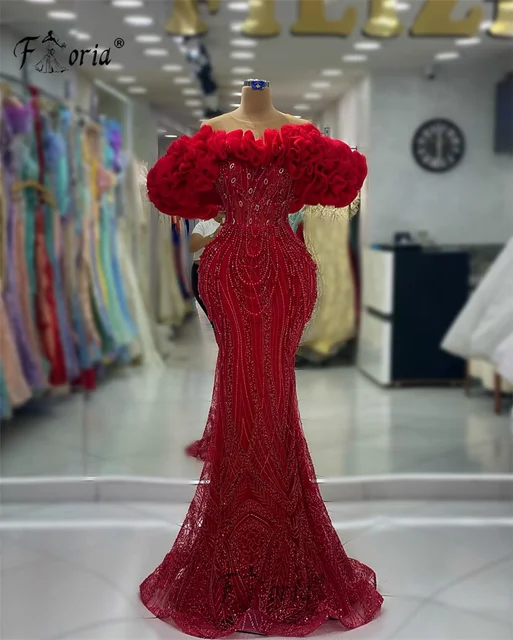 Grand Red syrenka suknia ślubna marszczona tiulowy dekolt formalna okazja suknia perła kryształowa syrenka suknie panny młodej vestido de novia