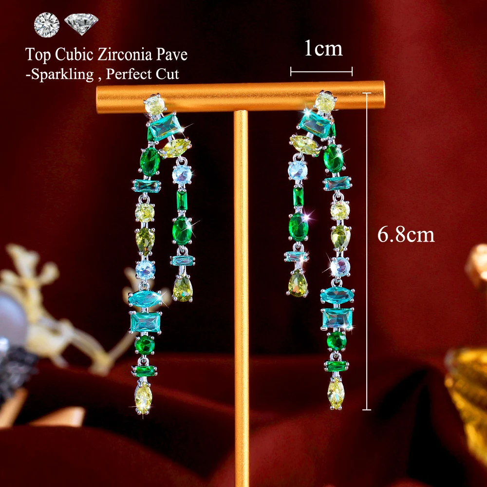 CWWZircons Glamorous Fringed Green Cubic Zirconia Dangly Tassel Drop Long Earrings for Women Pageant Party Accessories E1133