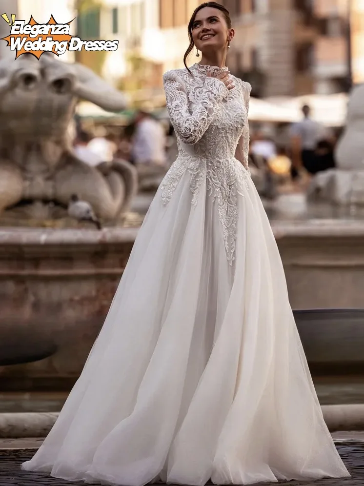 Customized Vintage High Neck Long Sleeve A-Line Wedding Dress Beading Appliques Floor Length Bridal Gown Boho Vestido De Novia
