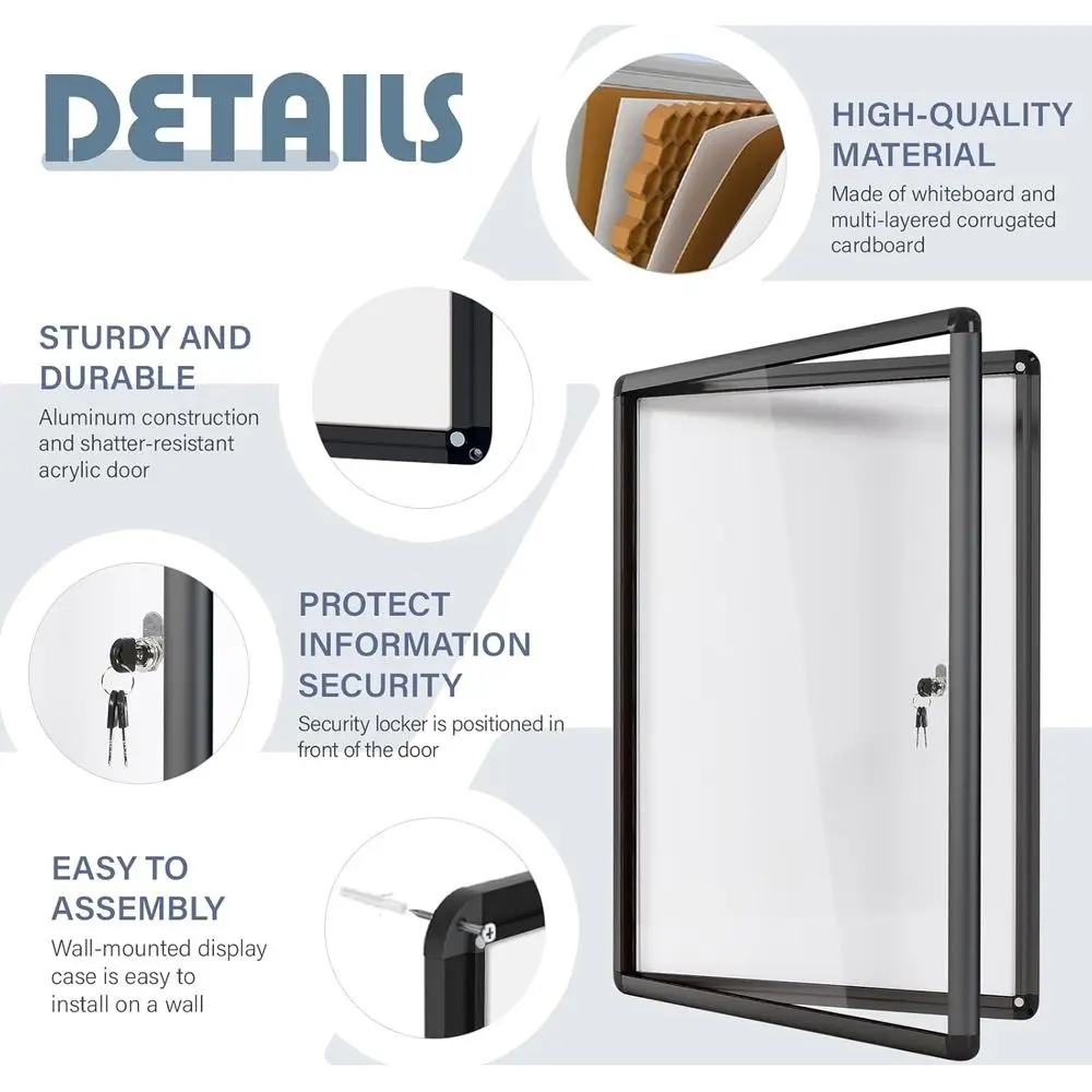 حافظة عرض آمنة مثبتة على الحائط، مقاس 36 × 24 بوصة، للاستخدام المكتبي/المدرسة/المنزل، مقاومة للكسر، إطار من الألومنيوم الأسود