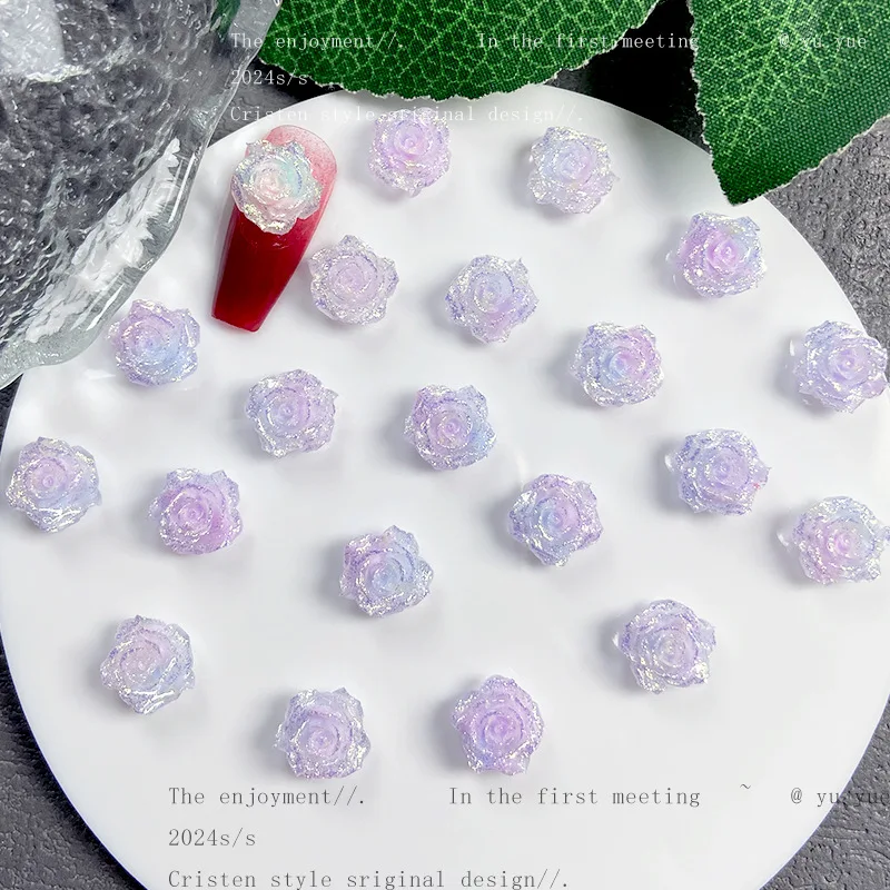 20Pc New Sparkling Flower Nail Art Accessories Firefly Luminous Resin Flower Nail Charms Flatback Resin Nails Decorations Parts