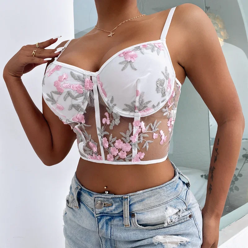 Fashion Floral Embroidery Camis Top Women White Backless Top Ladies Boho Summer Mesh Patchwork Sexy Cropped Bra Small Tank Top