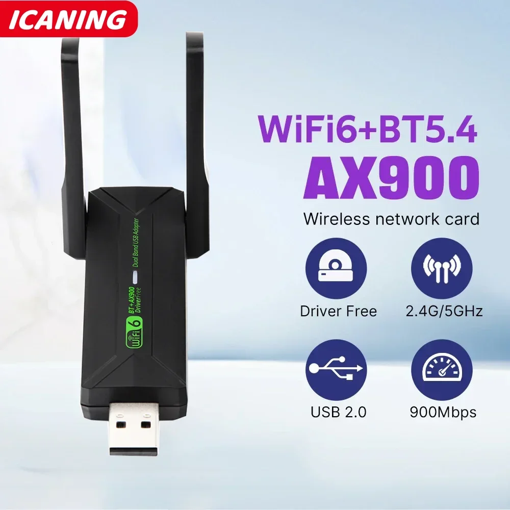 Adaptador USB WiFi 6 AX900 Bluetooth 5.4 2.4G 5G Antenas WiFi6 Receptor de rede USB Dongle Driver grátis