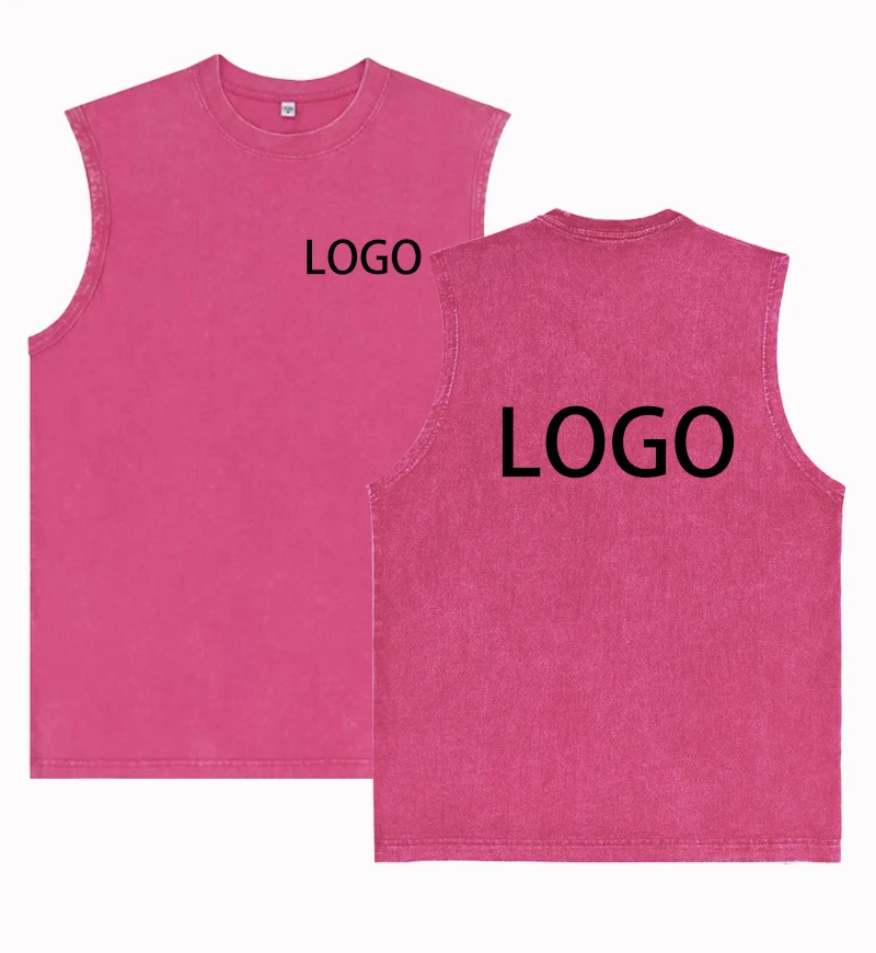 DIY Customise Your Brand Logo Vintage Washed Fabric 100% Cotton Crew Neck Vest High Quality Summer T-Shirt 4