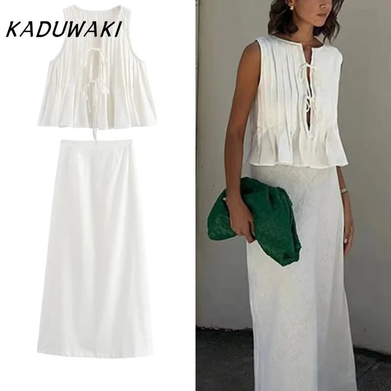 

KADUWAKI Elegant Women's Pleated Design Tie Sleeveless Vest High Waist Half-body Skirt 2 Piece Chic Fashion Half-body Skirt Set