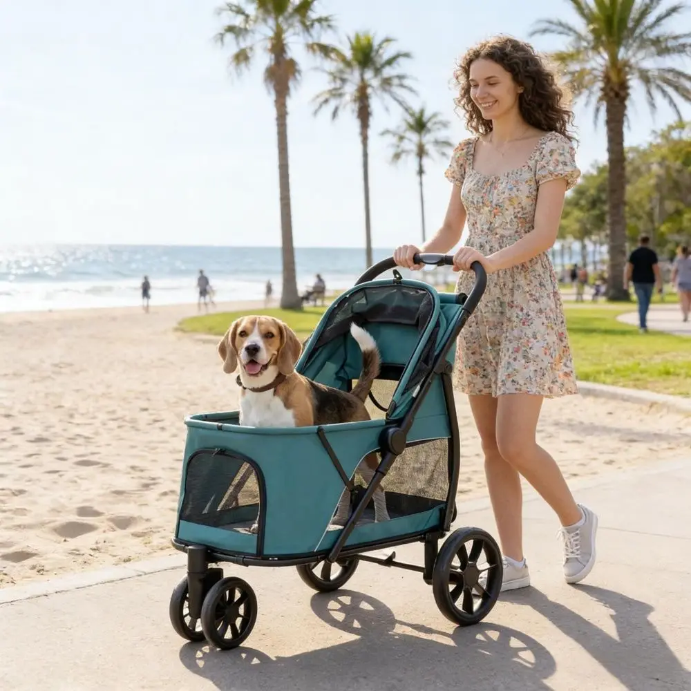 Large Pet Stroller For Dogs Adjustable Foldable Waterproof With Belt Zipper Closure For Outdoor Travel Compatible With Cars
