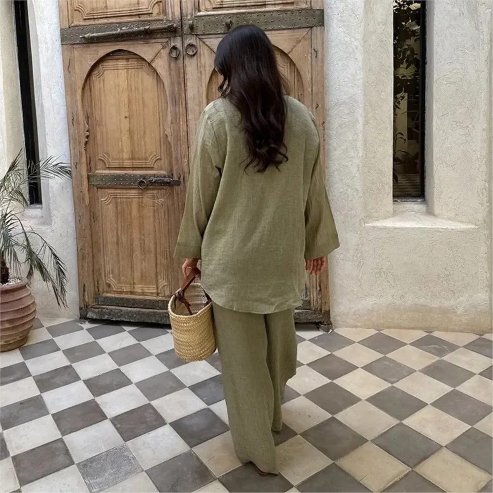 2025 Nuova Primavera Autunno Vestito delle Donne Con Scollo A V Moda Camicetta A Maniche Lunghe + Pantaloni a Gamba Larga Temperamento Camicia Pendolare Set a Due Pezzi
