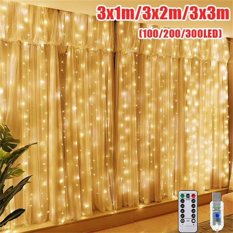 LED Curtain String Lights Garland Festival Christmas Decoration USB Remote Control Holiday Wedding Fairy Lights for Bedroom Home