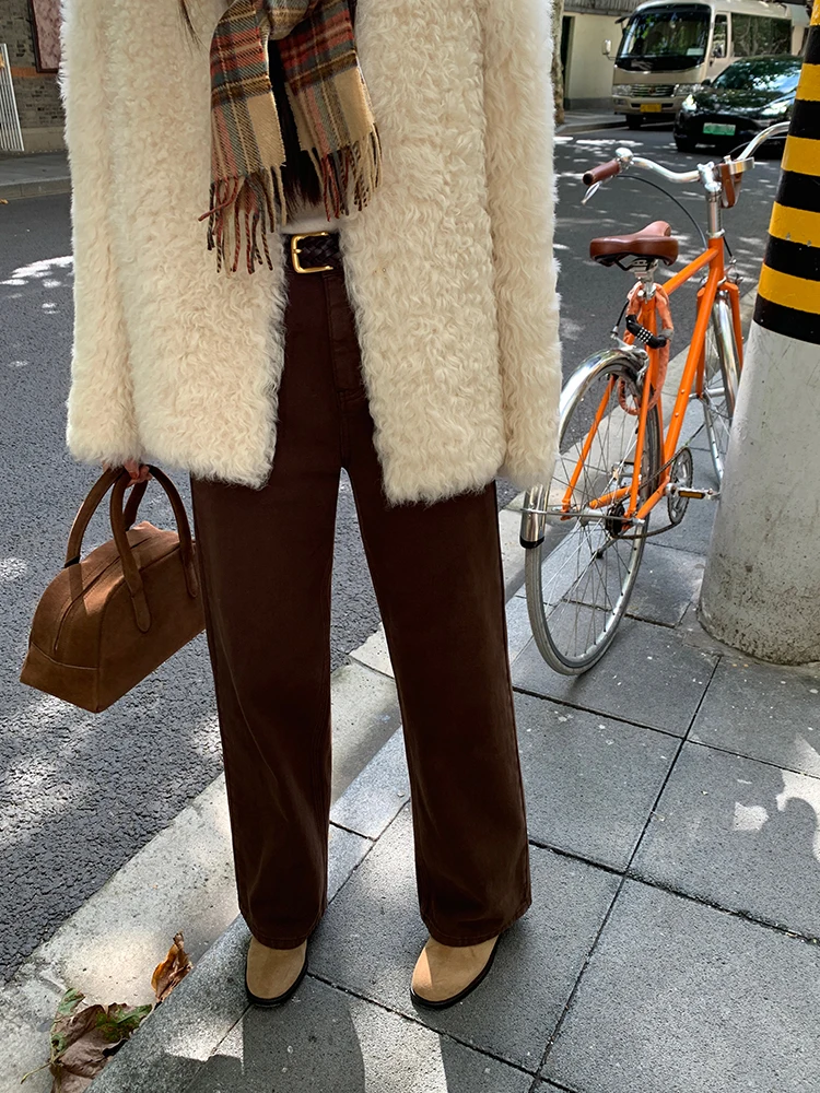 

Женские прямые джинсы в стиле ретро, удобные джинсы из наклонного хлопка с выцветшими джинсами с талией, всесезонные джинсы с высокой талией