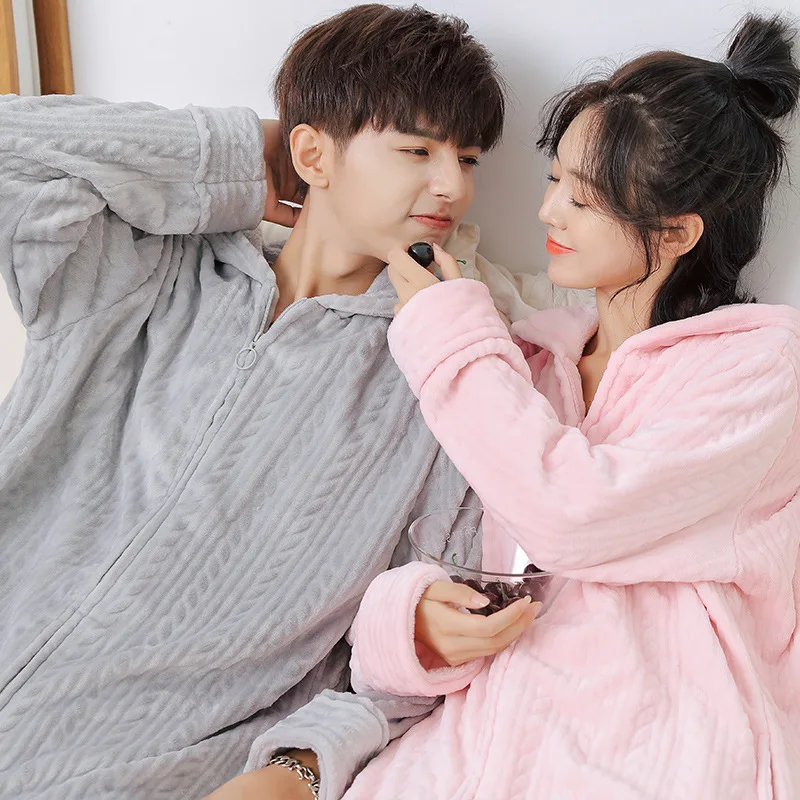 Zipper Nightgown Long Sleepwear Lady Warm Coral Fleece Nightwear Couple Loose Robe Autumn Winter New Kimono Bathrobe Gown