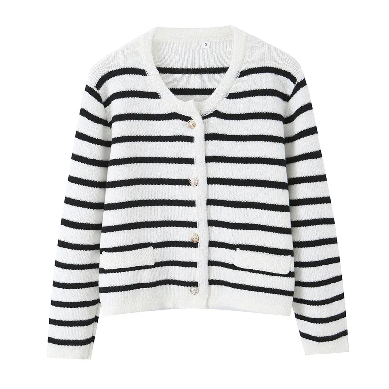 Withered European And American Style Women's Commuting Style Simple Striped Round Neck Long Sleeved Knitted Jacket