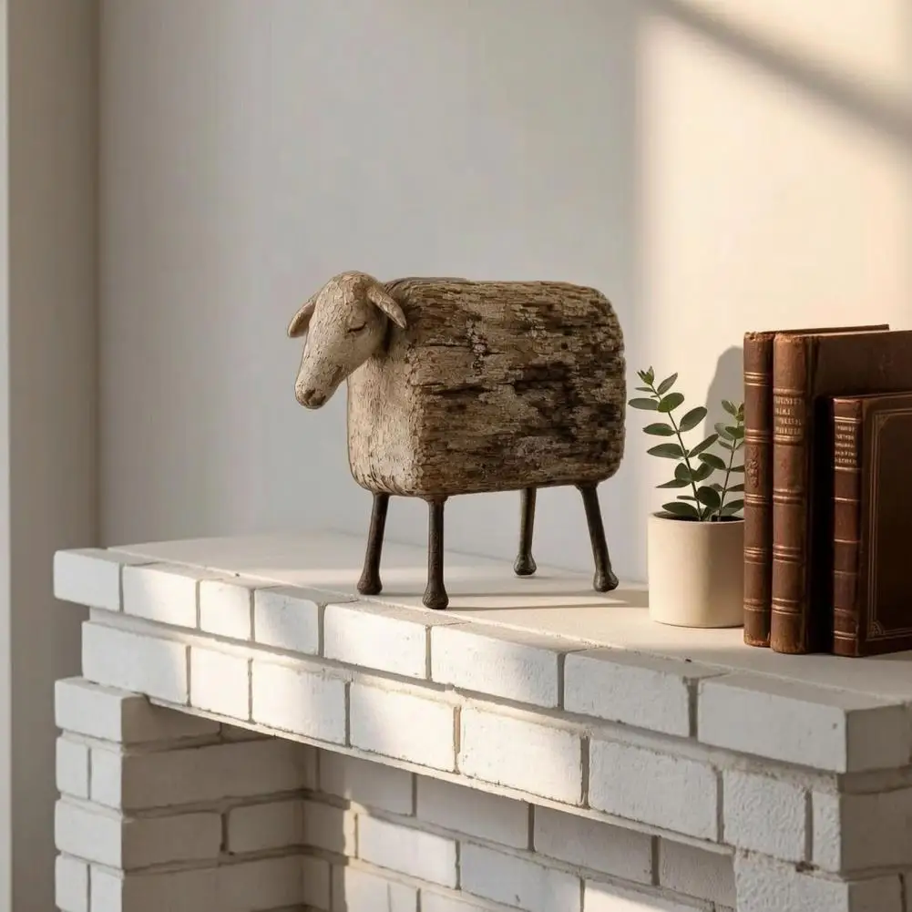 Retro Country Style Distressed Imitation Wood Grain Sheep Figurine Animal Statue for Shelf Tabletop Decor for Home Office Decor