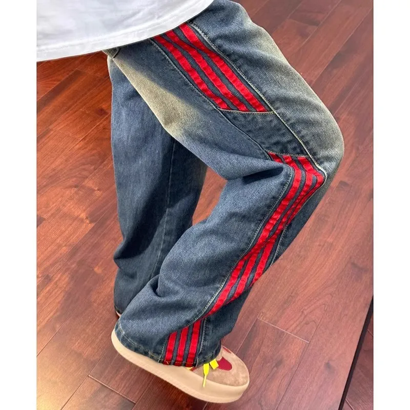 

Мужские джинсы с широкими штанинами в американском стиле, прямые свободные повседневные джинсы больших размеров в стиле ретро, мужские джинсы больших размеров, брюки