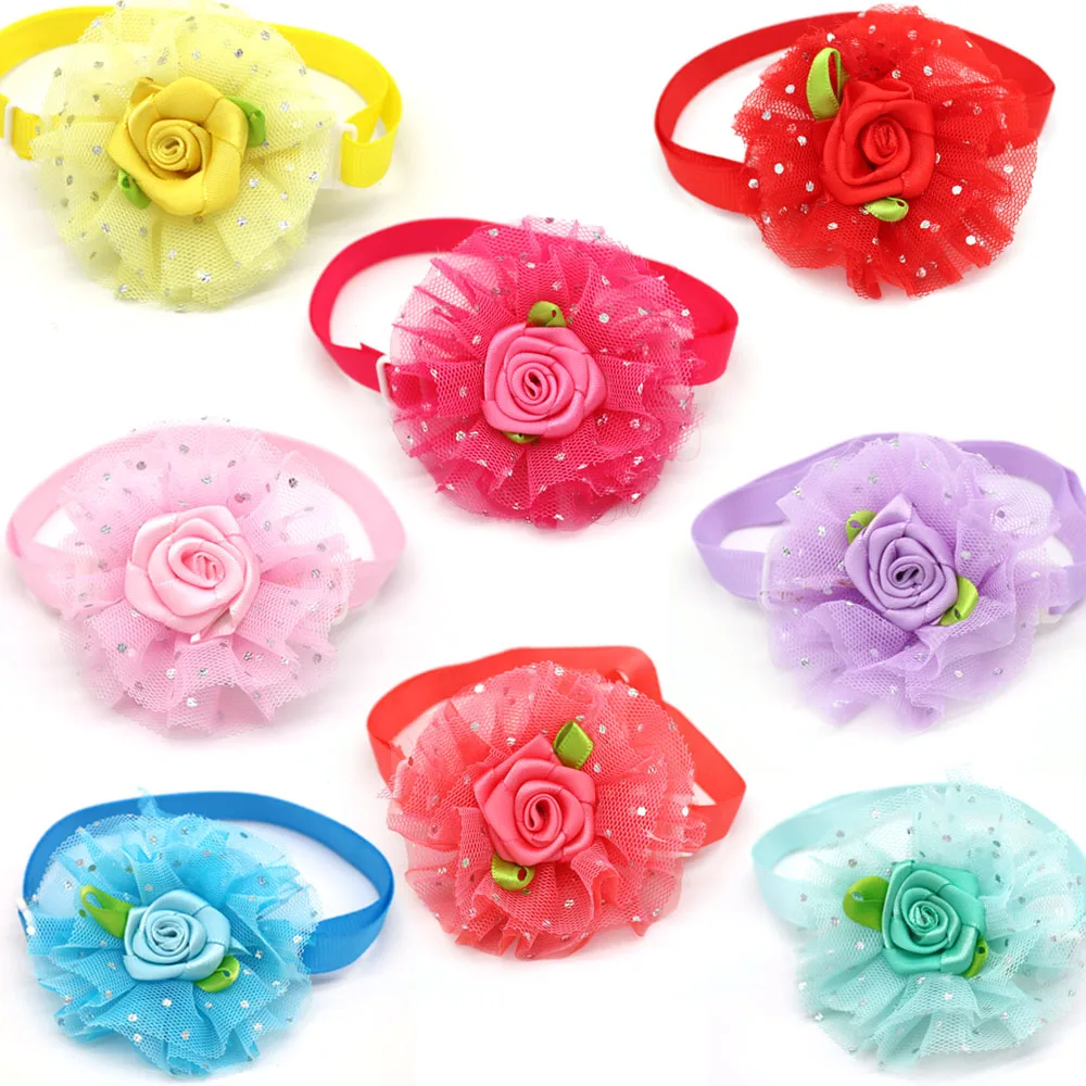 20pcs Valentine\'s Day Pet Supplies Lace Rose Love Style Pet Cat Dog Collar Bowties Neckties Pet Cat Holiday Grooming Products