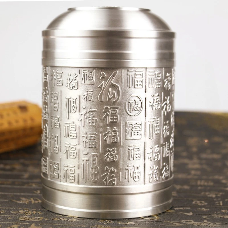 

Tea Storage Tank Pure Tin Gold Large Fresh-Keeping Sealed Household Metal Desktop Universal Packing with Lid Retro Chinese Style