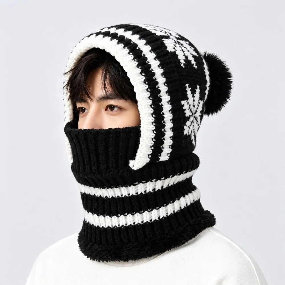 Fleece Lining Knitted Balaclava Hat Snowflake Jacquard Ear Protection Winter Beanie Mask Thick Warm Full Cover