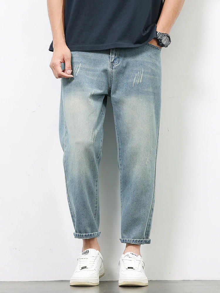 

Летние мужские джинсы до щиколотки, свободные рваные прямые брюки, американская мода, уличные мужские синие джинсовые брюки