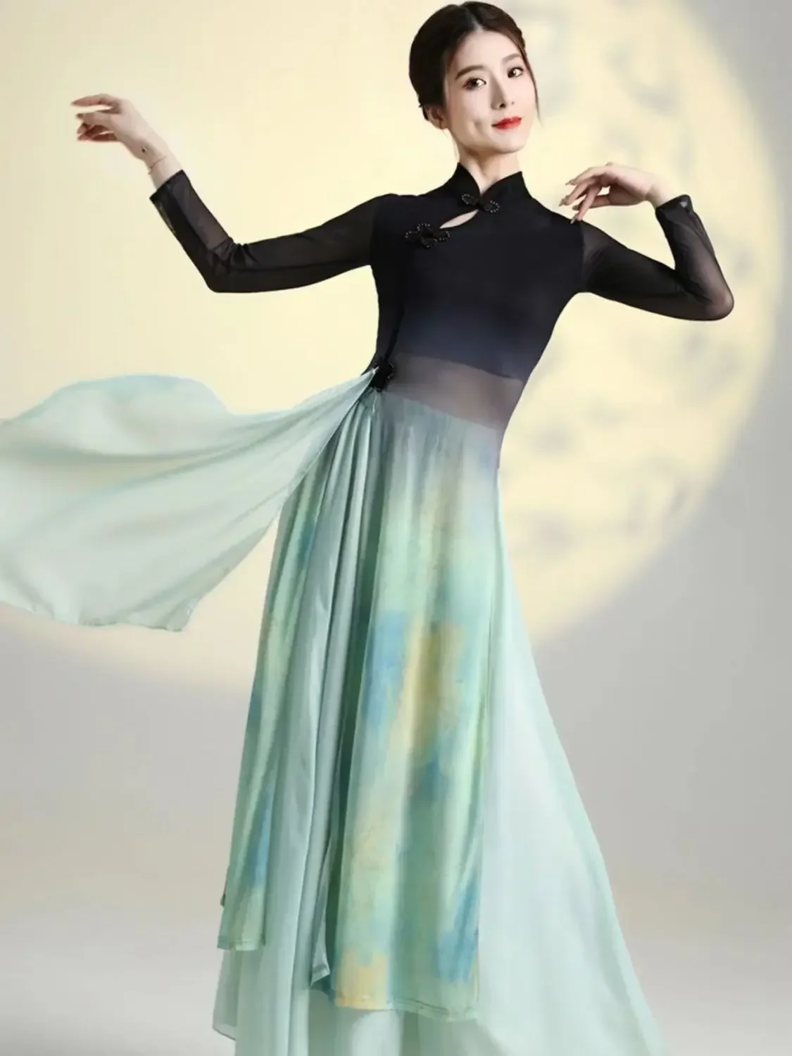 Classical Dance Women Elegant Training Dress Cheongsam Body Charm Gauze Chinese Dance Ancient Style Yoga Dress