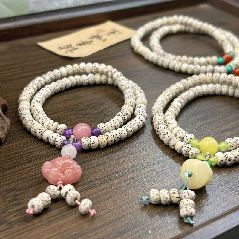 Natural Mini Star-Moon Bodhi Double-Loop Bracelet, finely polished and smooth white, paired with exquisite accessories