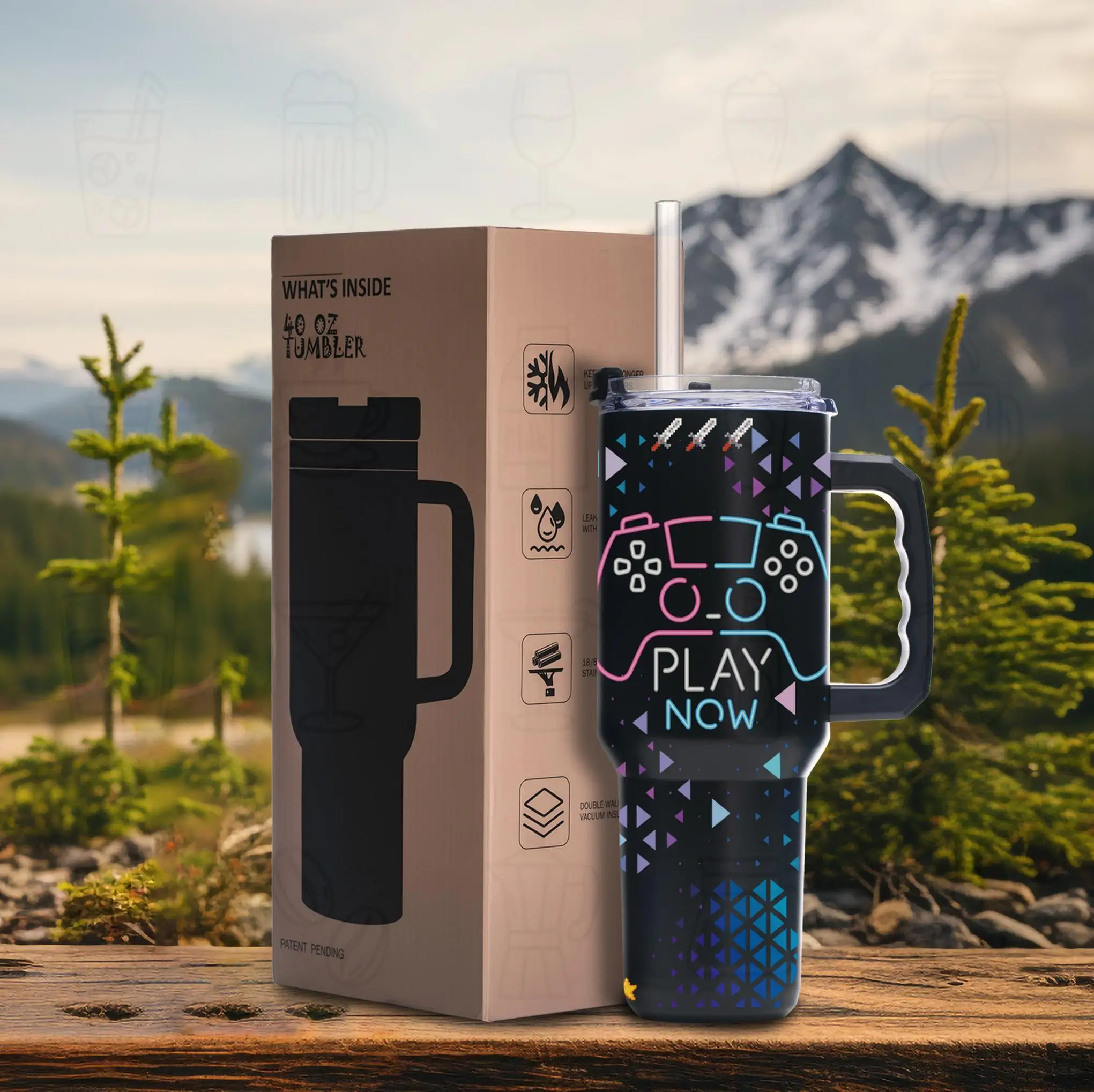 

40oz Stainless Steel Tumbler – Game Controller Print, Vacuum Insulated, Double Wall, BPA-Free, Wide Mouth, With Handle
