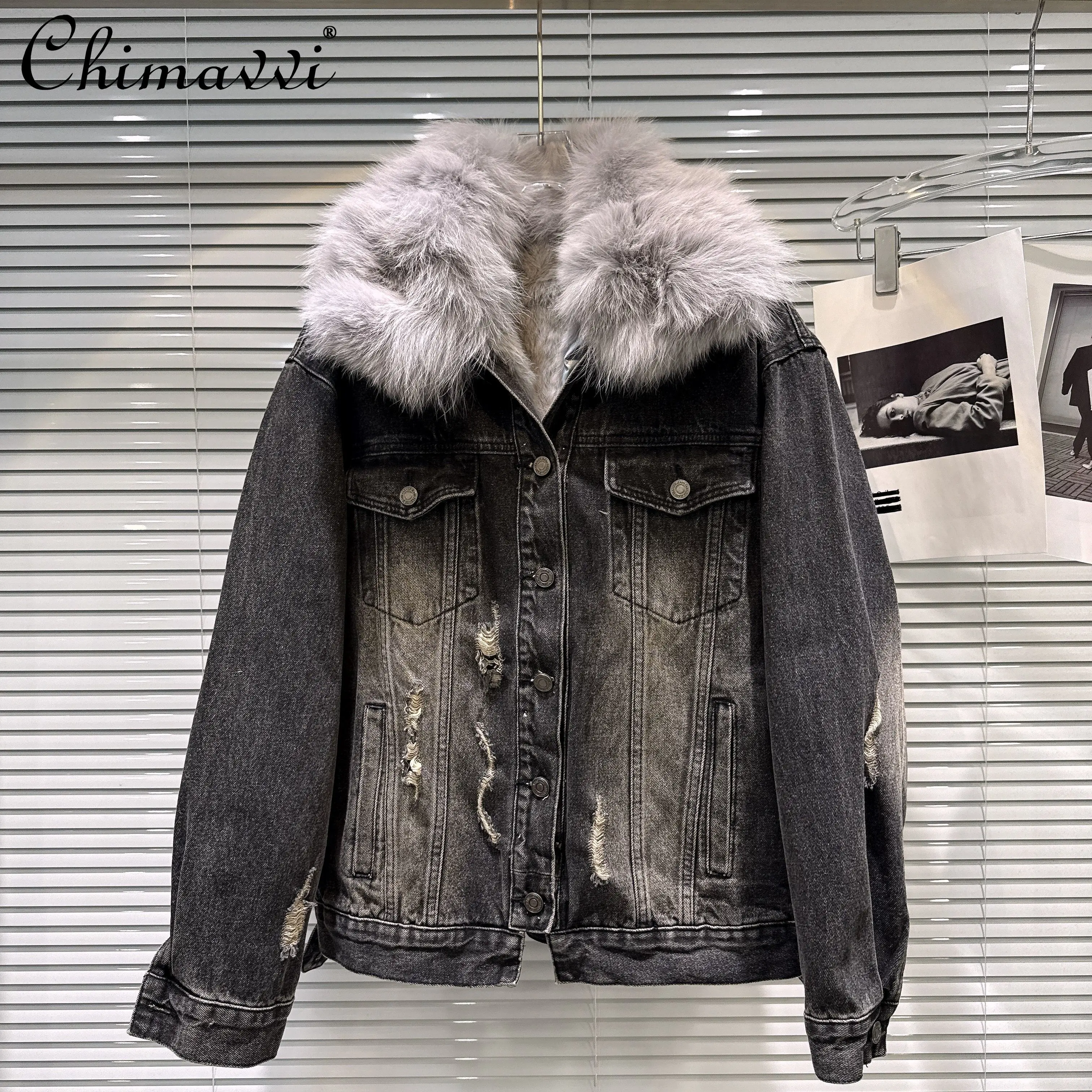 

French Elegant Fashion Parka Coat Fox Fur Collar Plush Liner Versatile Casual Thickened Warm Denim Jacket Coats for Women Winter