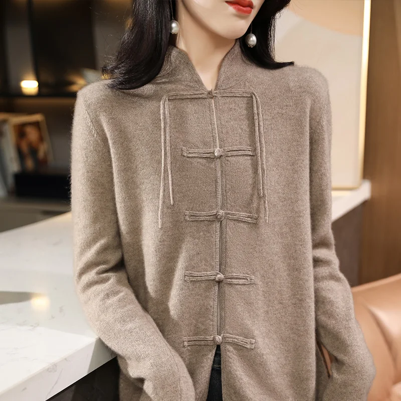 Women\'s Sweater Spring Autumn New 100% Wool Clothing Top Standing Collar Knitted Cardigan Fashion Chinese Style Coat Long Sleeve