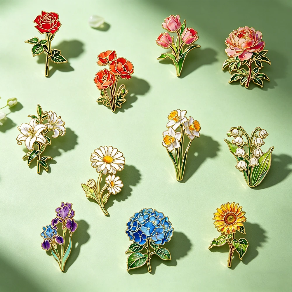 Elegant Botanical Enamel Flower Pins, Assorted Plant Lapel Brooches, Nature Badges for Clothing, Women's Fashion Accessories