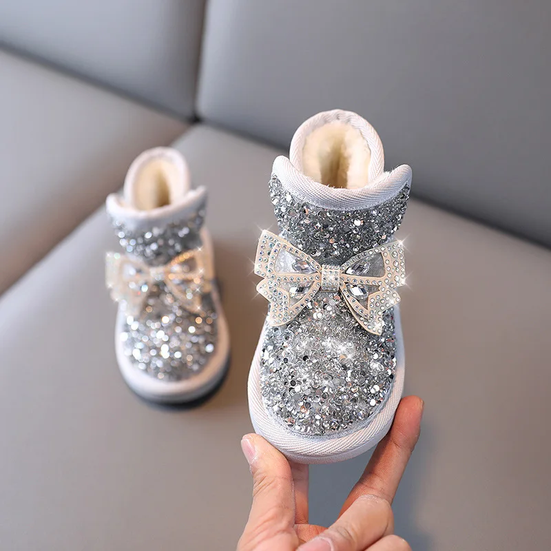 Winter Girls\' Boots Fashion Bow Tie Girl Shoe Comfort Versatile Child Shoes Anti Slip Cute Snow Boot Warm Thick Ankle Boots