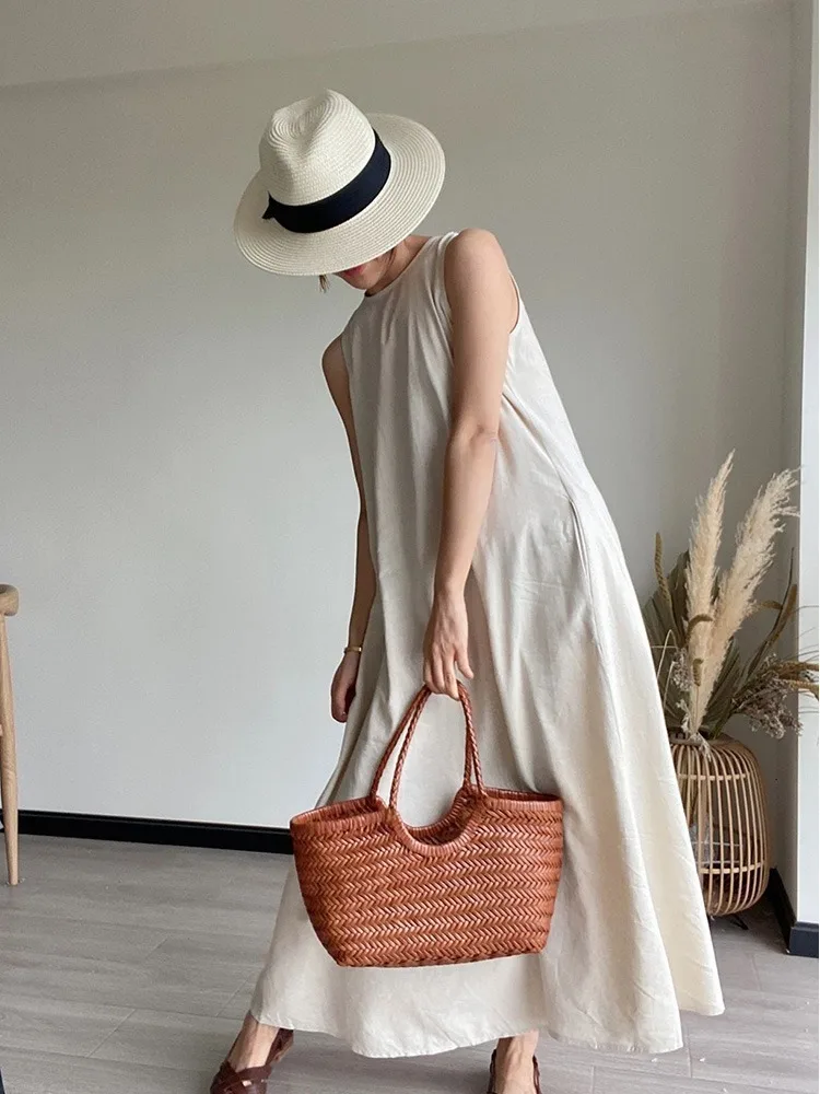 Women\'s Summer Vintage Cotton Linen Long Tank Dress Backless Sleeveless Elegant Loose Maxi Sundress Korea Style Sarafan