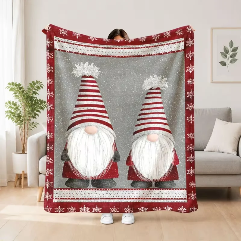 Red White Striped Christmas Gnome Flannel Throw Blanket Snowflake Border Vintage Winter Elf Print Soft Cozy Blanket