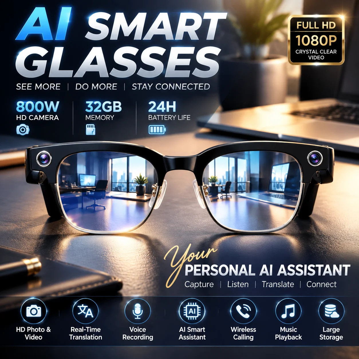 2026New 800W Pixel Camera Smart Glasses Men Video Recording AI Photo Recognition Bluetooth Call Voice Translation Sunglasses Man