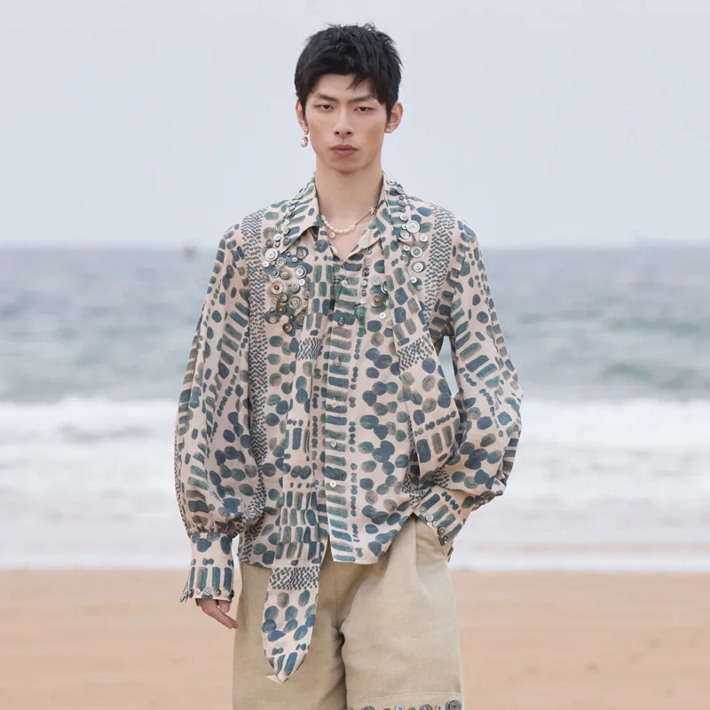 WVGA Spring Autumn New Men Tidal Fall Hand-stitched Shell Button Polka Dot Printed Resort-Style Trendy Long Sleeve Shirts W24822