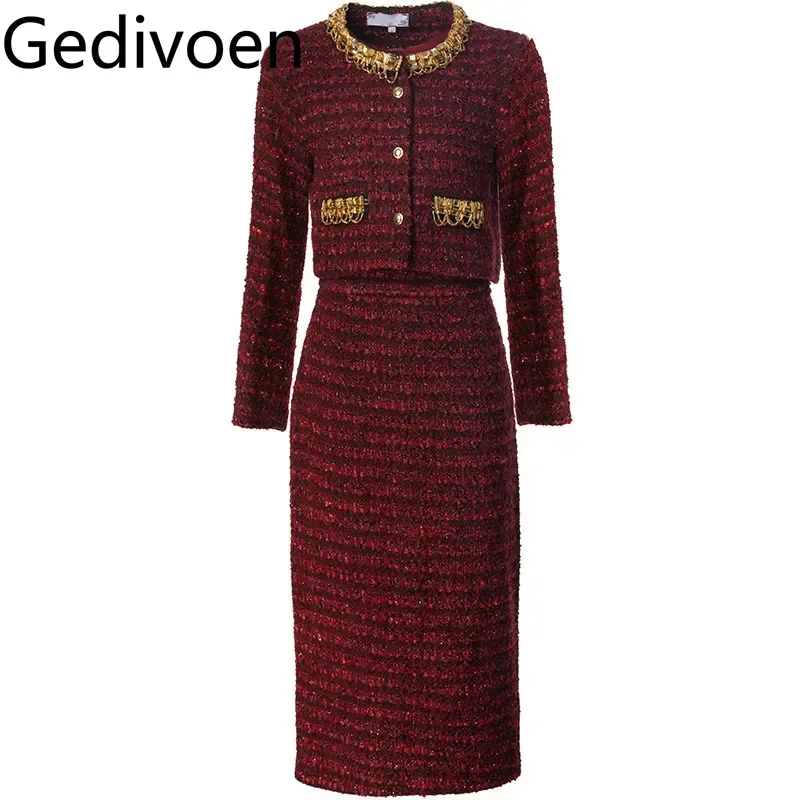 Gedivoen Women's Elegant office and Business Suit Long-Sleeved Single-Breasted Coat Tops+Pretty Slim Skirt Beading 2 piece set