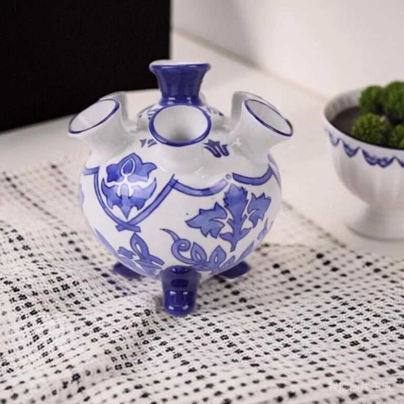 Hand drawn blue and white ceramic porous vase decoration antique vase living room bedroom foyer decorative art vase home decor