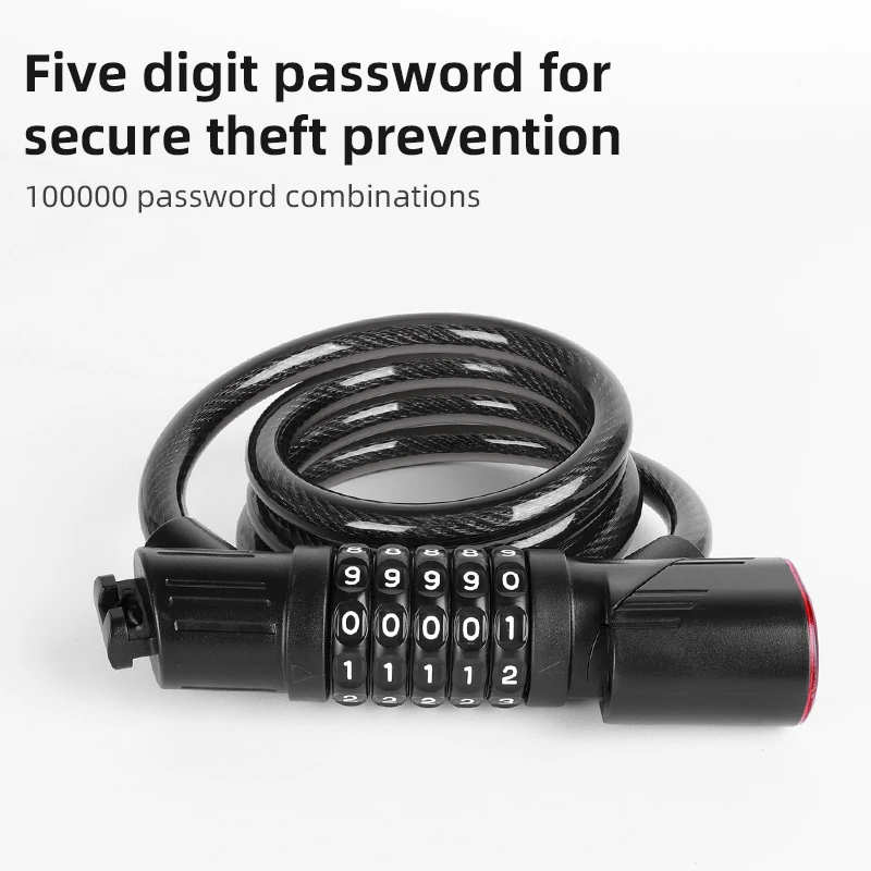 قفل دراجة مع ضوء خلفي مكون من 5 أرقام، قفل أمان للدراجة، سلسلة كابل فولاذي مضادة للسرقة، ملحقات دراجة الدراجة