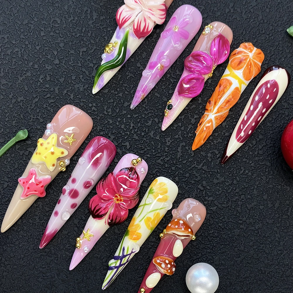 

Ballerina Glossy Gel Carved Manual Nail Press on 100% Handmade Acrylic Nails Artificial Full Cover Designed 10PCS Press on Nails