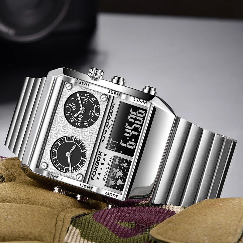 FOXBOX جديد فاخر مربع الفولاذ المقاوم للصدأ مقاوم للماء ساعة رجالية موضة ساعات رقمية للرجال ساعة عسكرية LED ساعة يد رياضية